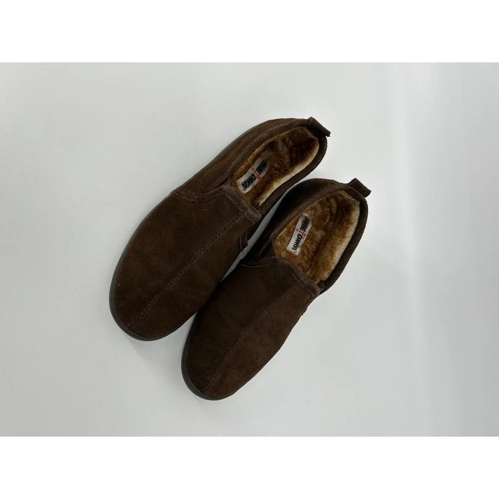 Minnetonka Suede Slippers Mens 12 Brown Excellent Faux Fur Lined Slip On 41622